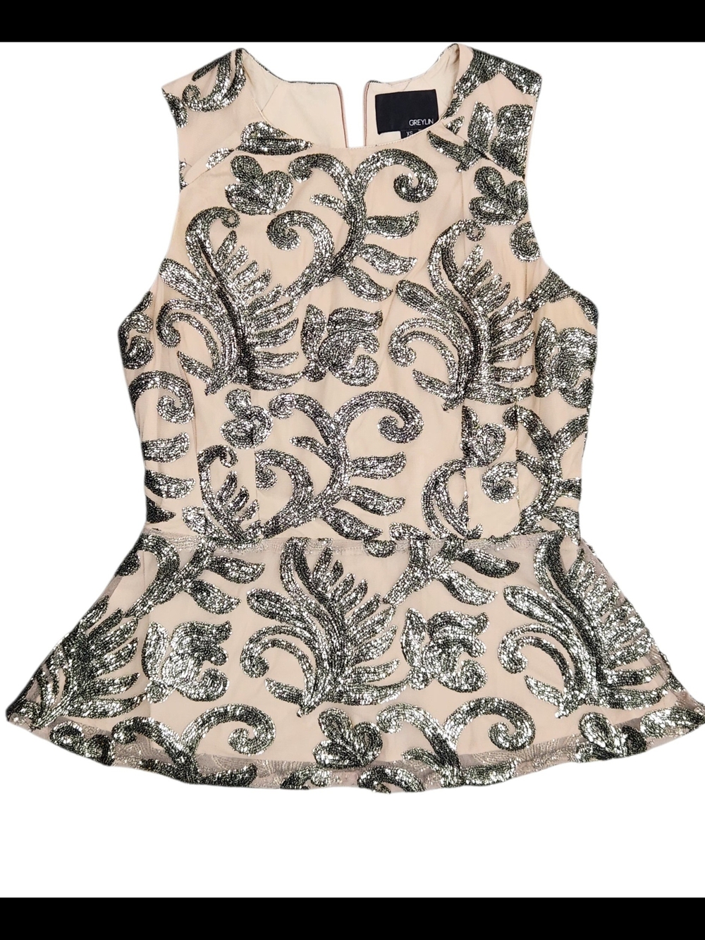 Anthro Sequin Peplum Top Embellished Party Glam Greylin Silver✨